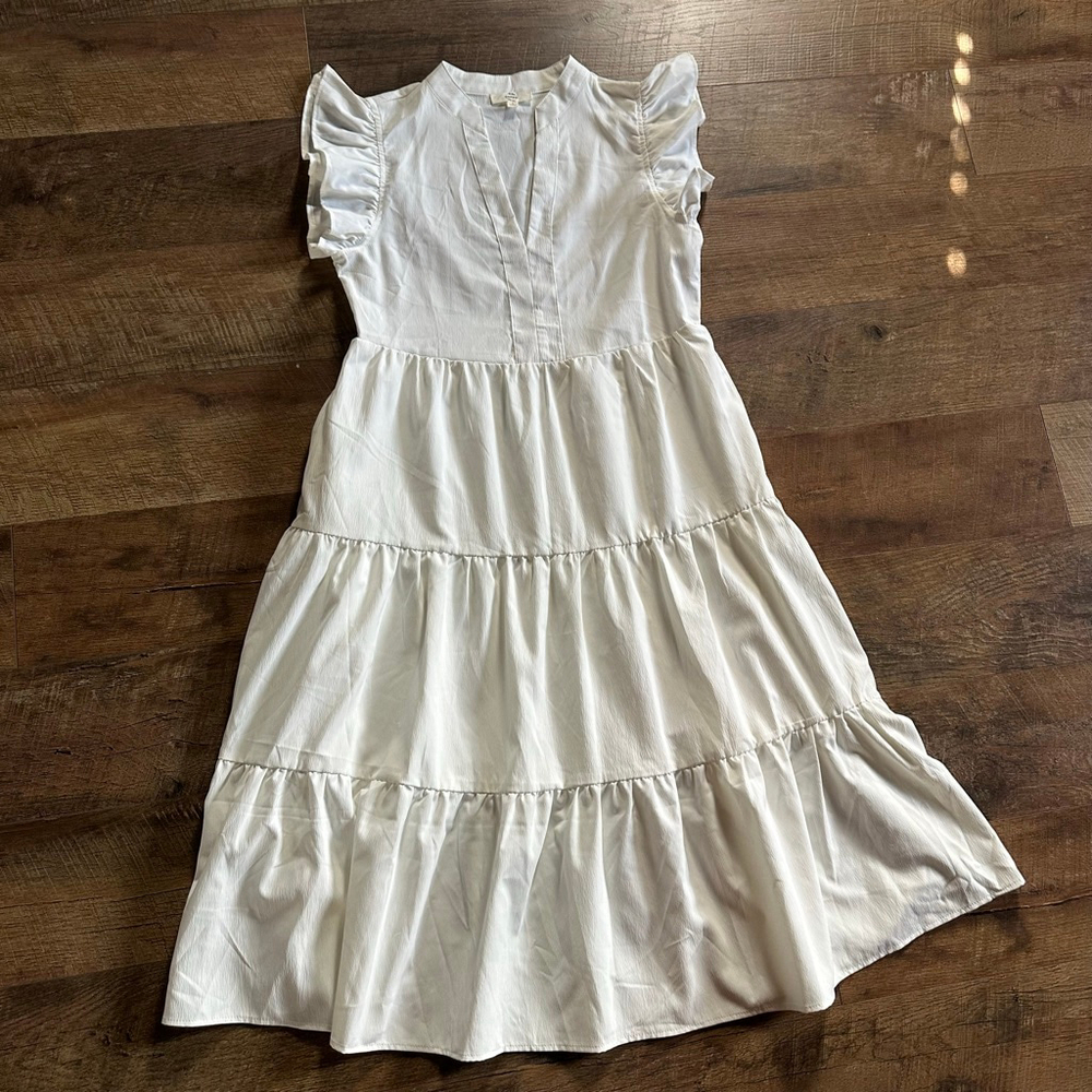 Women's Entro White Tiered Ruffle Sleeve Midi Dress S